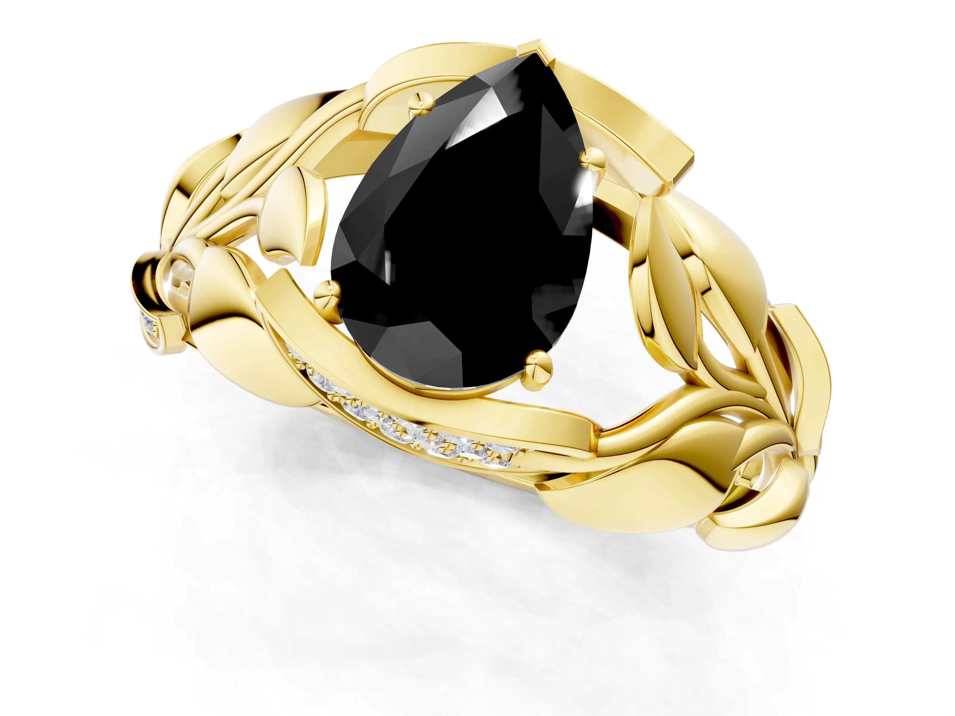 Yellow gold Fancy Black Pear Cut Solitaire Leaf-Inspired Engagement Ring with Prong Setting_1