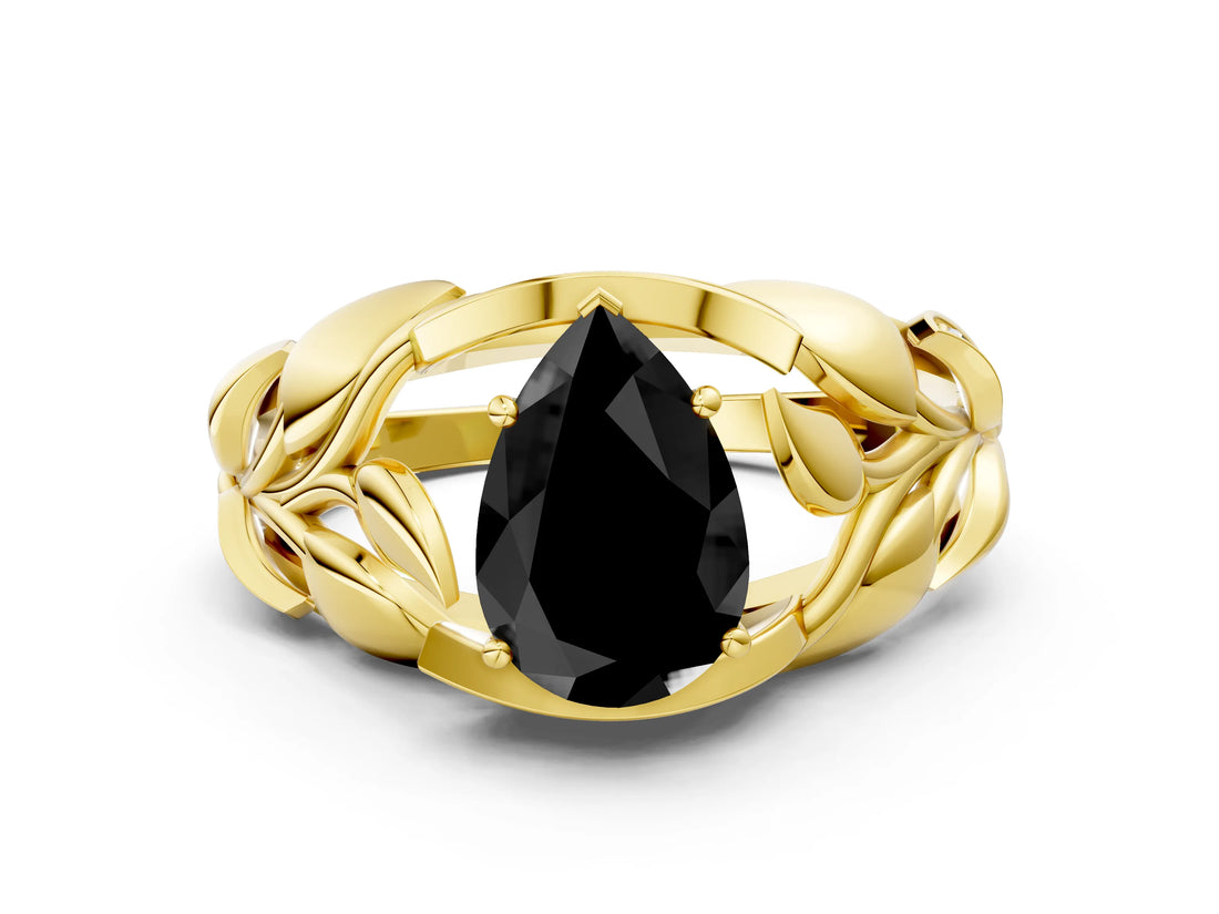 Yellow gold Fancy Black Pear Cut Solitaire Leaf-Inspired Engagement Ring with Prong Setting_12