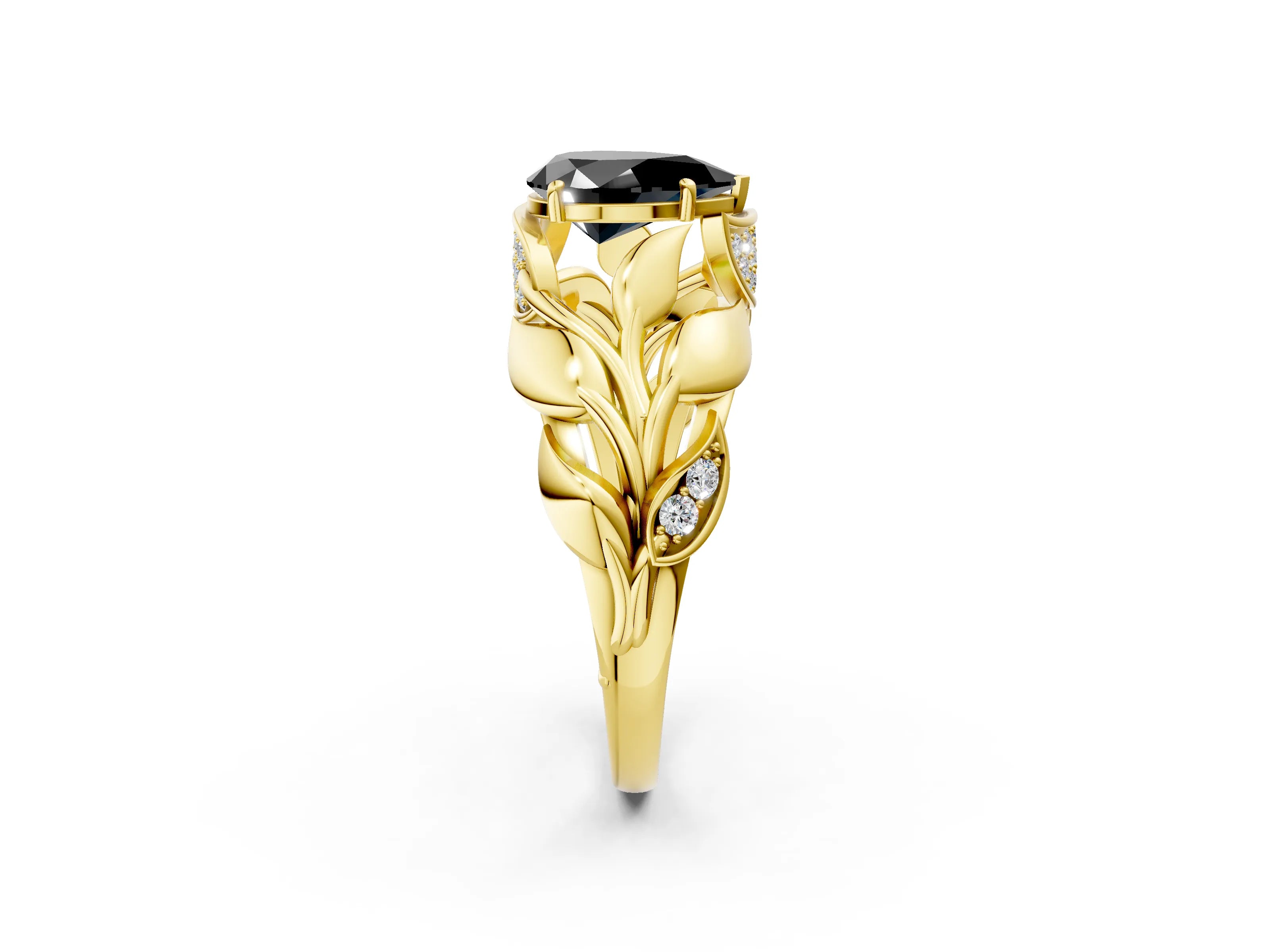 Yellow gold Fancy Black Pear Cut Solitaire Leaf-Inspired Engagement Ring with Prong Setting_2