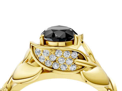 Yellow gold Fancy Black Pear Cut Solitaire Leaf-Inspired Engagement Ring with Prong Setting_4