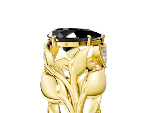 Yellow gold Fancy Black Pear Cut Solitaire Leaf-Inspired Engagement Ring with Prong Setting_5