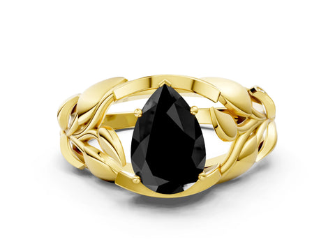 Yellow gold Fancy Black Pear Cut Solitaire Leaf-Inspired Engagement Ring with Prong Setting