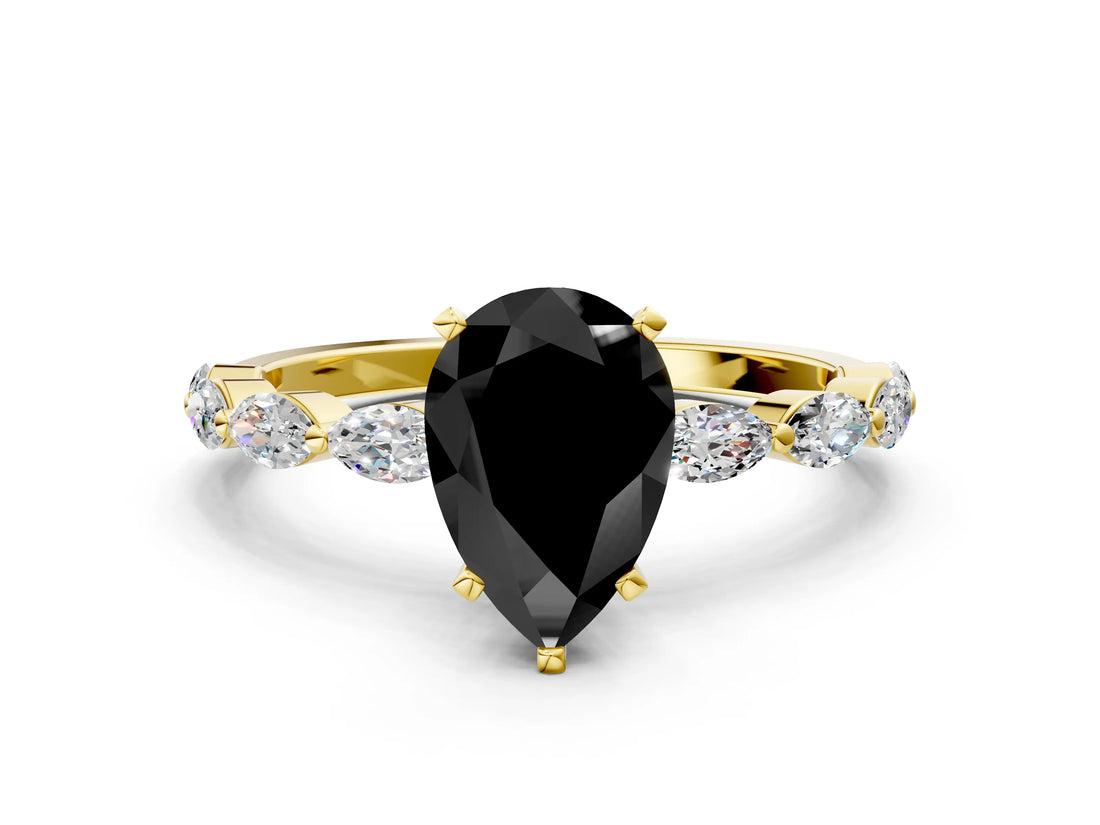 Yellow gold Fancy Black Pear Cut Solitaire Marquise Side Stone Prong Setting Ring