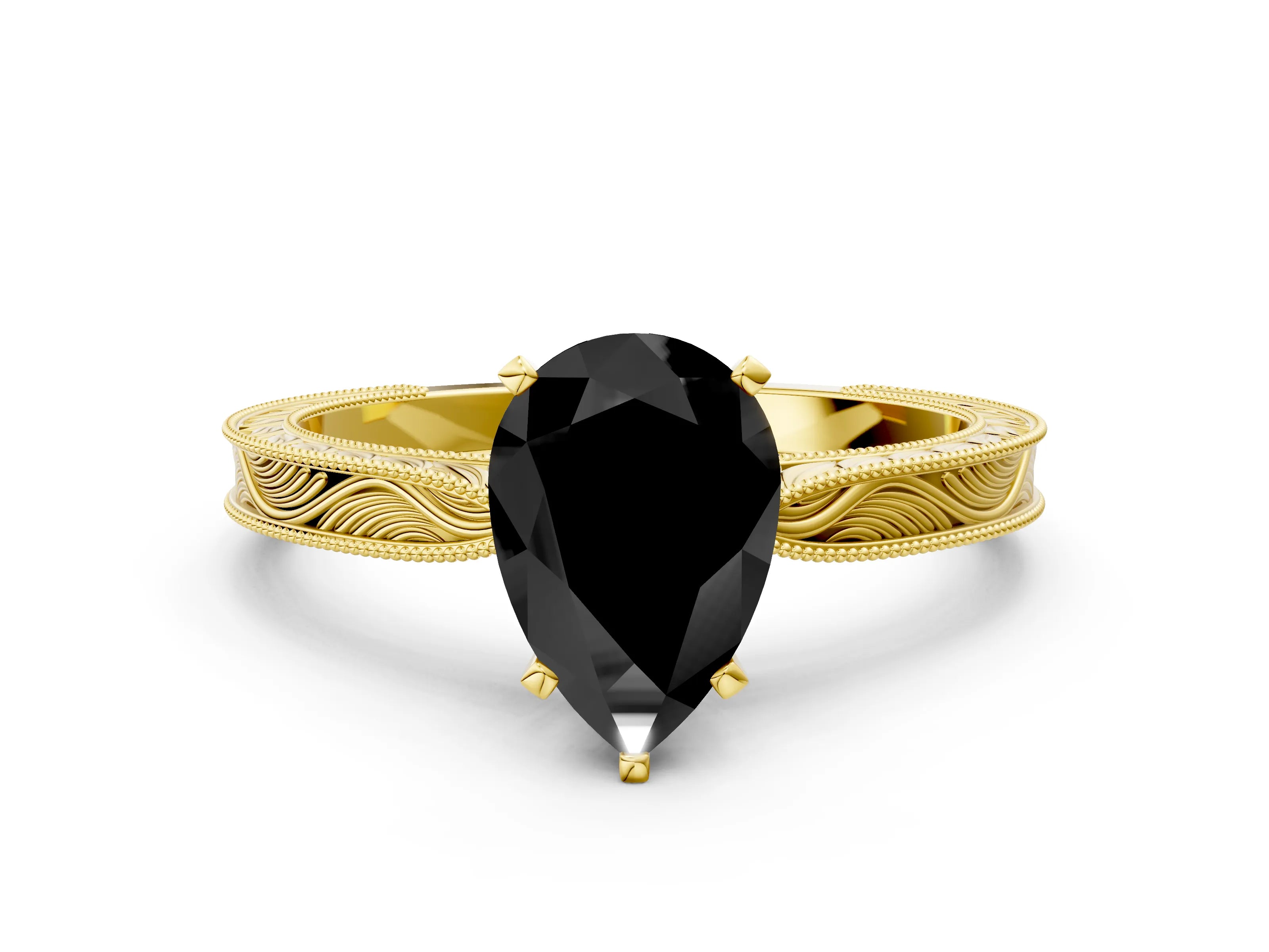 Yellow gold Fancy Black Pear Cut Solitaire Milgrain Engraved Band with Four-Prong Setting