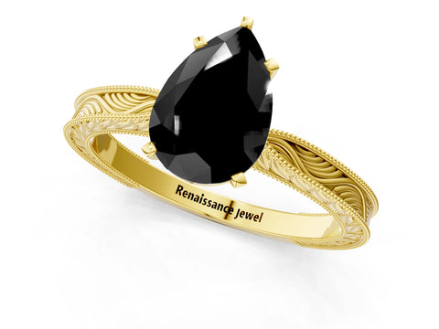 Yellow gold Fancy Black Pear Cut Solitaire Milgrain Engraved Band with Four-Prong Setting_1