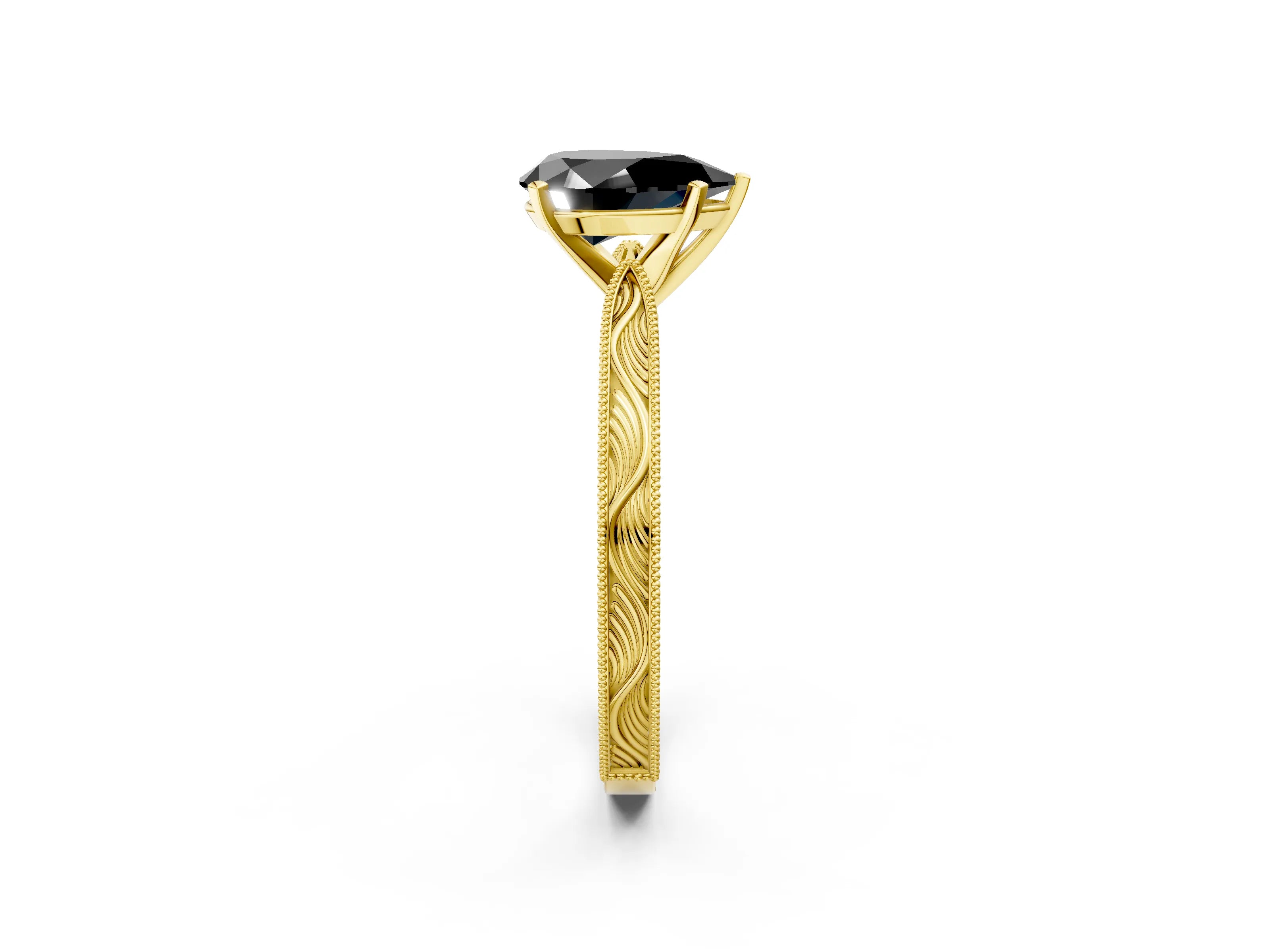 Yellow gold Fancy Black Pear Cut Solitaire Milgrain Engraved Band with Four-Prong Setting_2