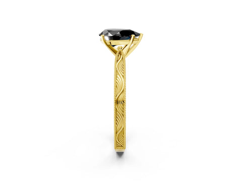 Yellow gold Fancy Black Pear Cut Solitaire Milgrain Engraved Band with Four-Prong Setting_2