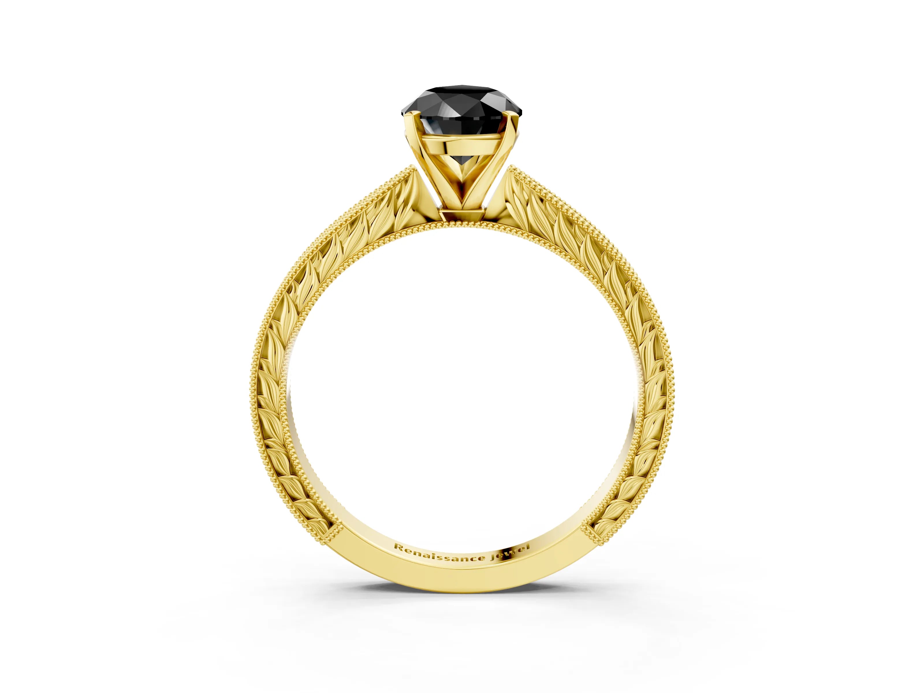 Yellow gold Fancy Black Pear Cut Solitaire Milgrain Engraved Band with Four-Prong Setting_3