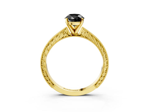 Yellow gold Fancy Black Pear Cut Solitaire Milgrain Engraved Band with Four-Prong Setting_3