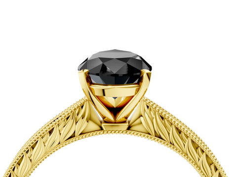 Yellow gold Fancy Black Pear Cut Solitaire Milgrain Engraved Band with Four-Prong Setting_4