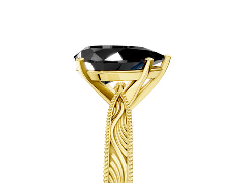 Yellow gold Fancy Black Pear Cut Solitaire Milgrain Engraved Band with Four-Prong Setting_5
