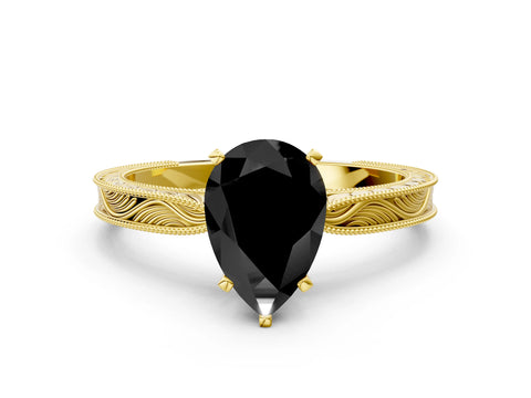 Yellow gold Fancy Black Pear Cut Solitaire Milgrain Engraved Band with Four-Prong Setting