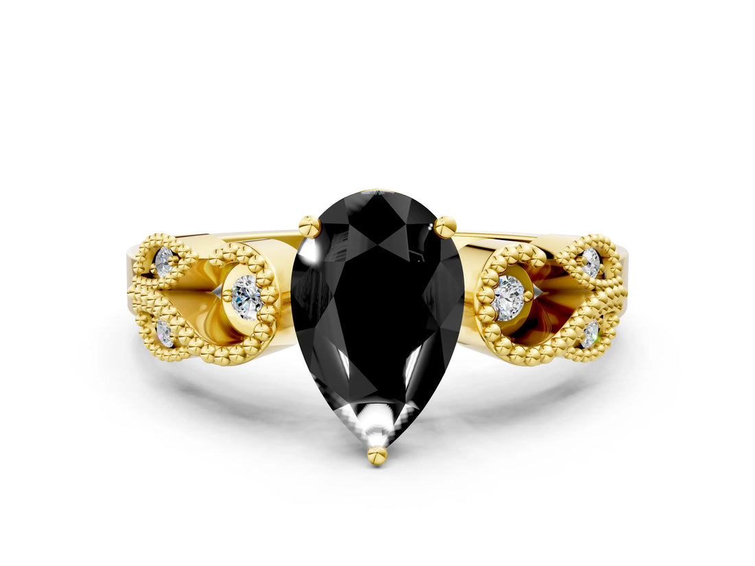 Yellow gold Fancy Black Pear Cut Solitaire Milgrain Leaf Band with Prong Setting