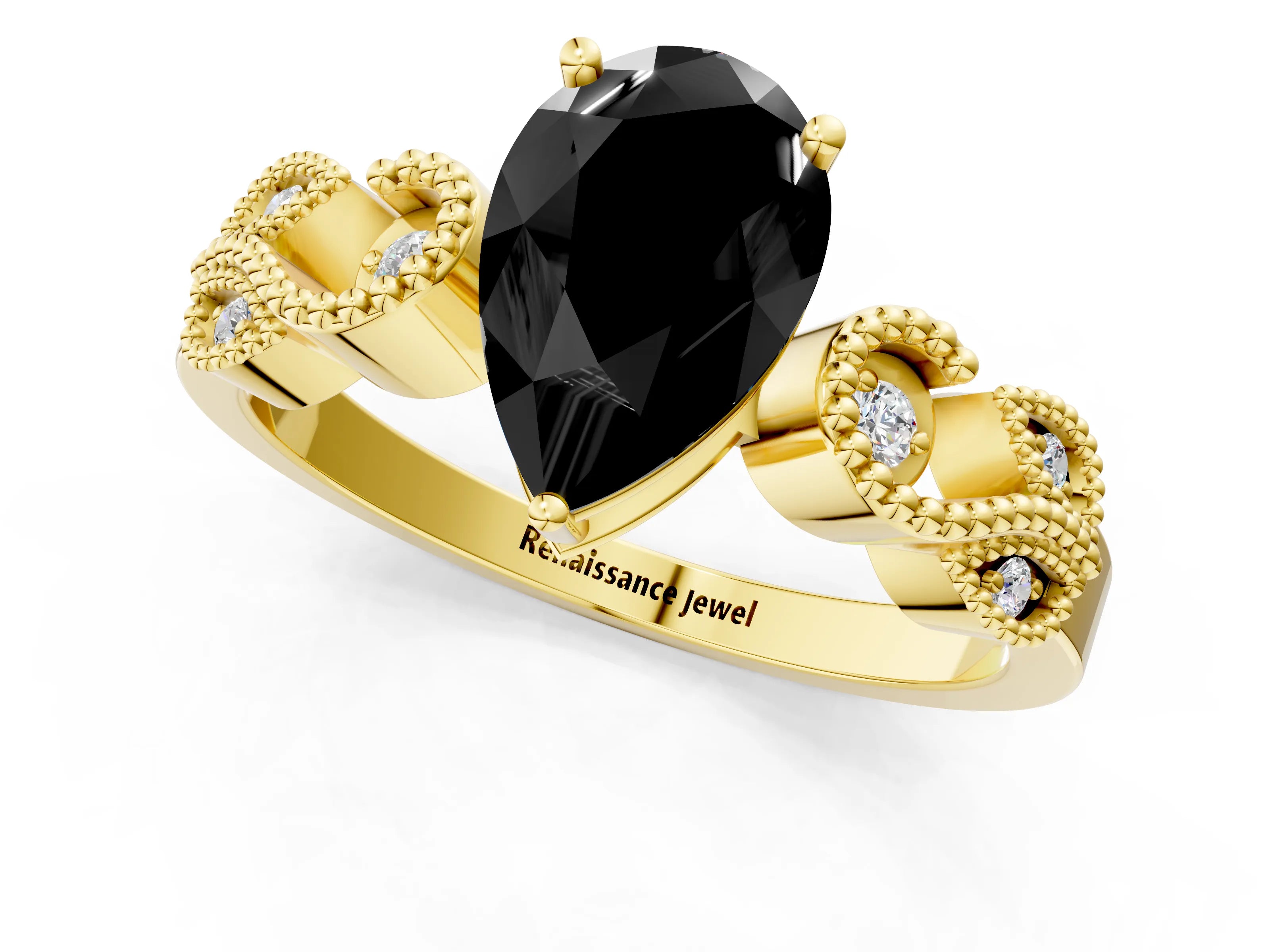 Yellow gold Fancy Black Pear Cut Solitaire Milgrain Leaf Band with Prong Setting_1