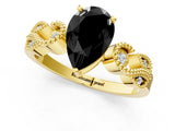 Yellow gold Fancy Black Pear Cut Solitaire Milgrain Leaf Band with Prong Setting_1