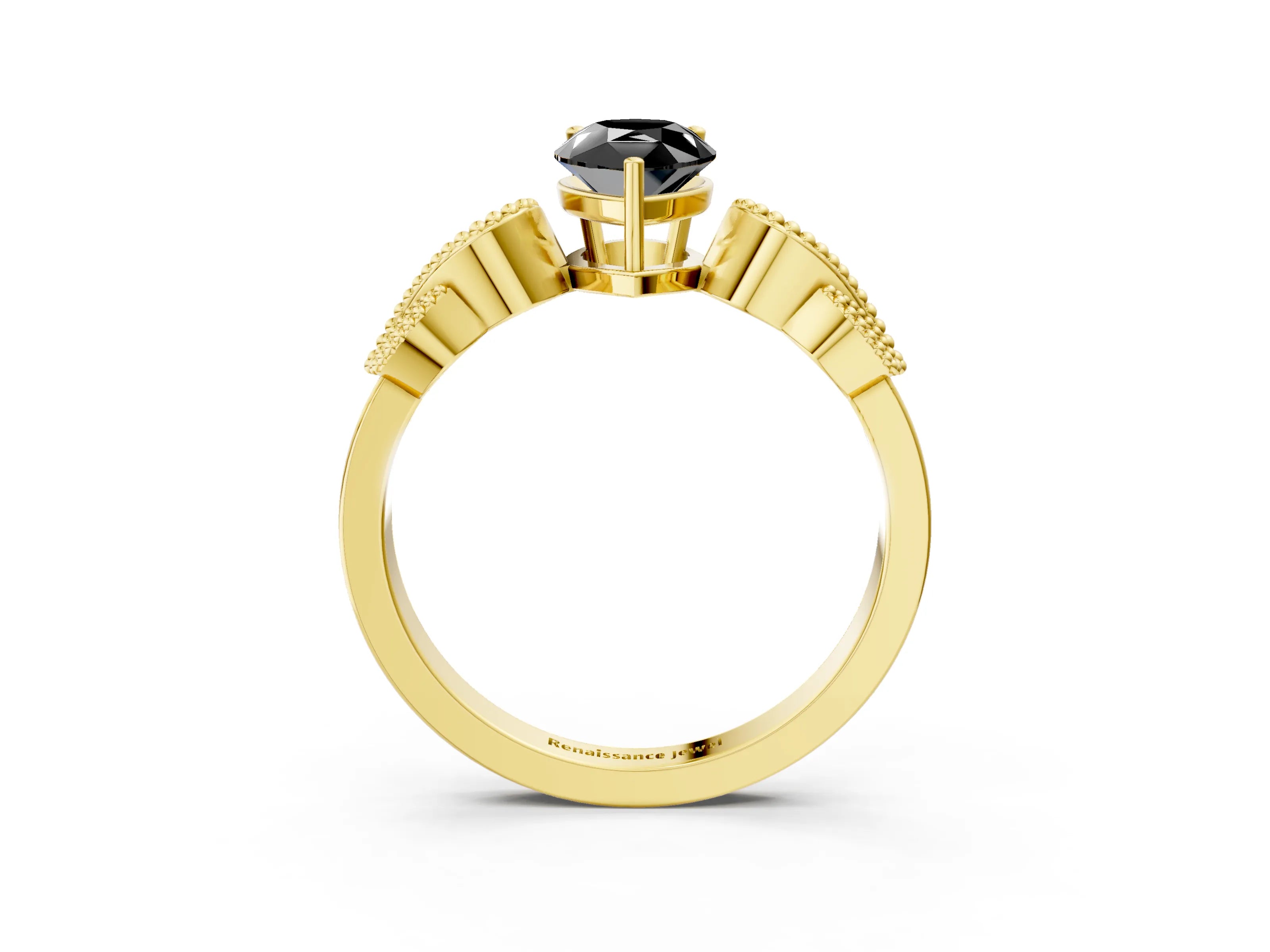 Yellow gold Fancy Black Pear Cut Solitaire Milgrain Leaf Band with Prong Setting_3