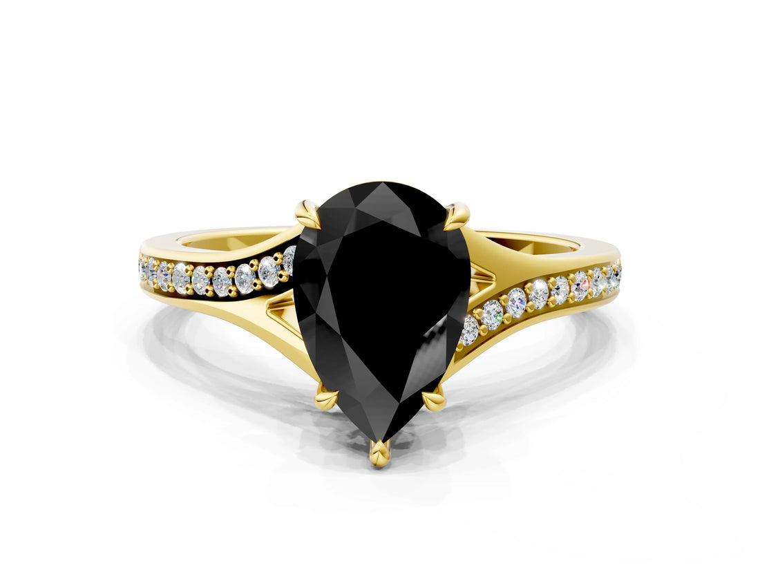 Yellow gold Fancy Black Pear Cut Solitaire Pavé Band with Four-Prong Setting
