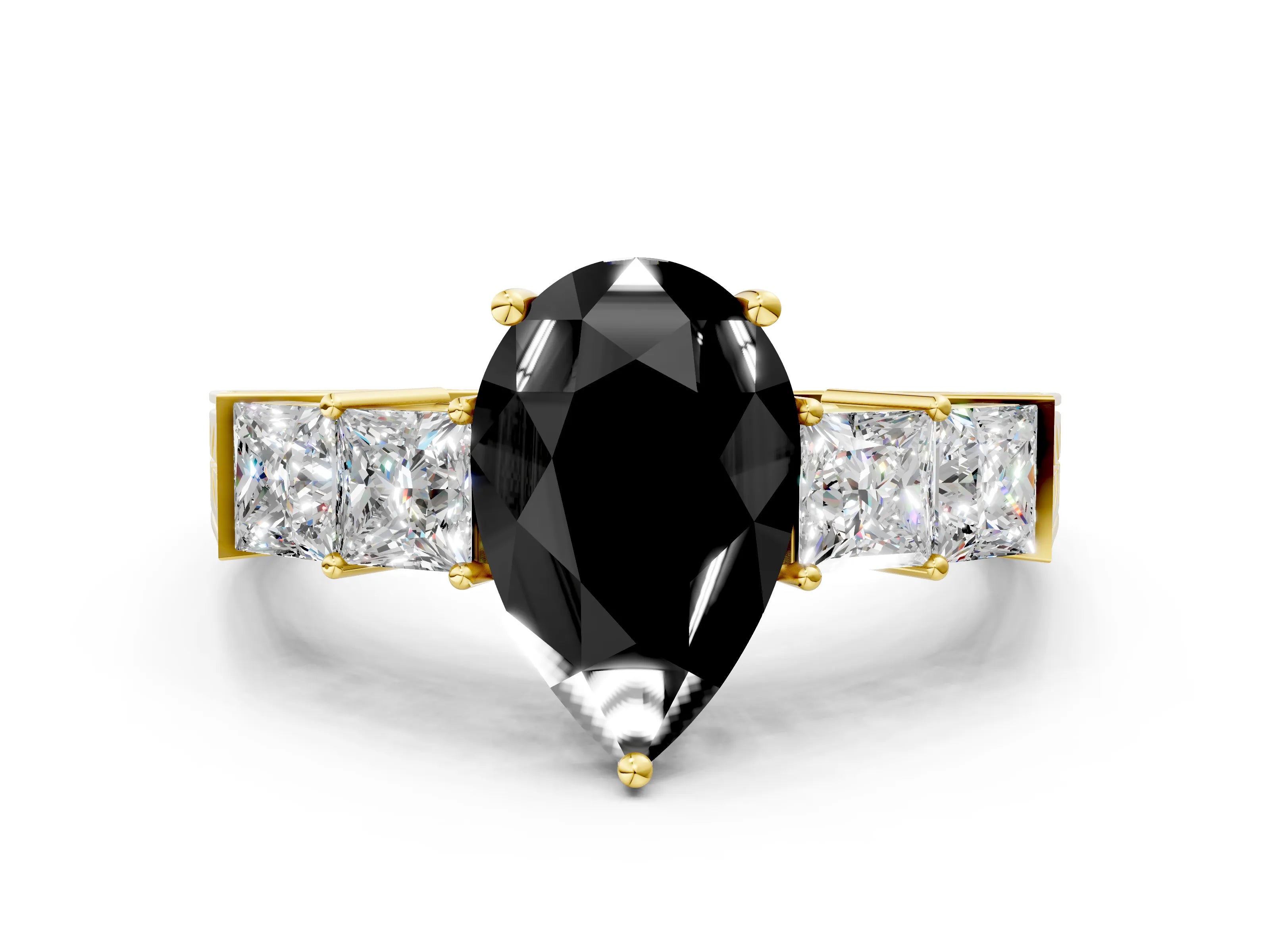 Yellow gold Fancy Black Pear Cut Solitaire Princess Side Stone Engraved Band Prong Setting Ring