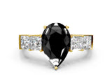 Yellow gold Fancy Black Pear Cut Solitaire Princess Side Stone Engraved Band Prong Setting Ring
