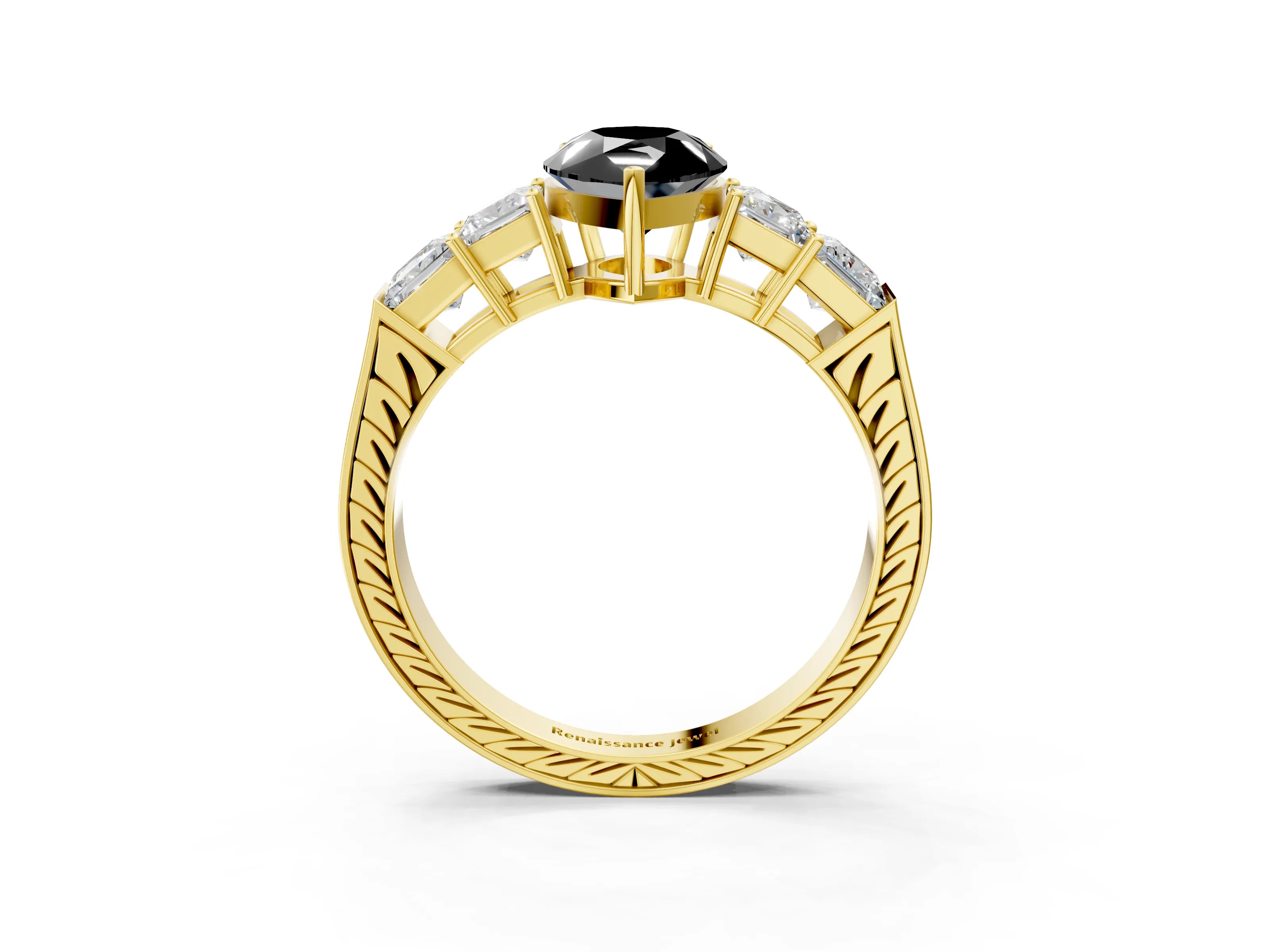 Yellow gold Fancy Black Pear Cut Solitaire Princess Side Stone Engraved Band Prong Setting Ring_3