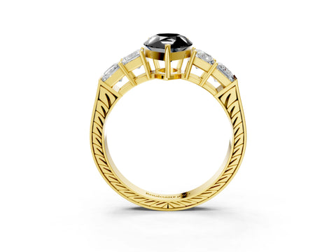 Yellow gold Fancy Black Pear Cut Solitaire Princess Side Stone Engraved Band Prong Setting Ring_3