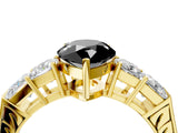 Yellow gold Fancy Black Pear Cut Solitaire Princess Side Stone Engraved Band Prong Setting Ring_4