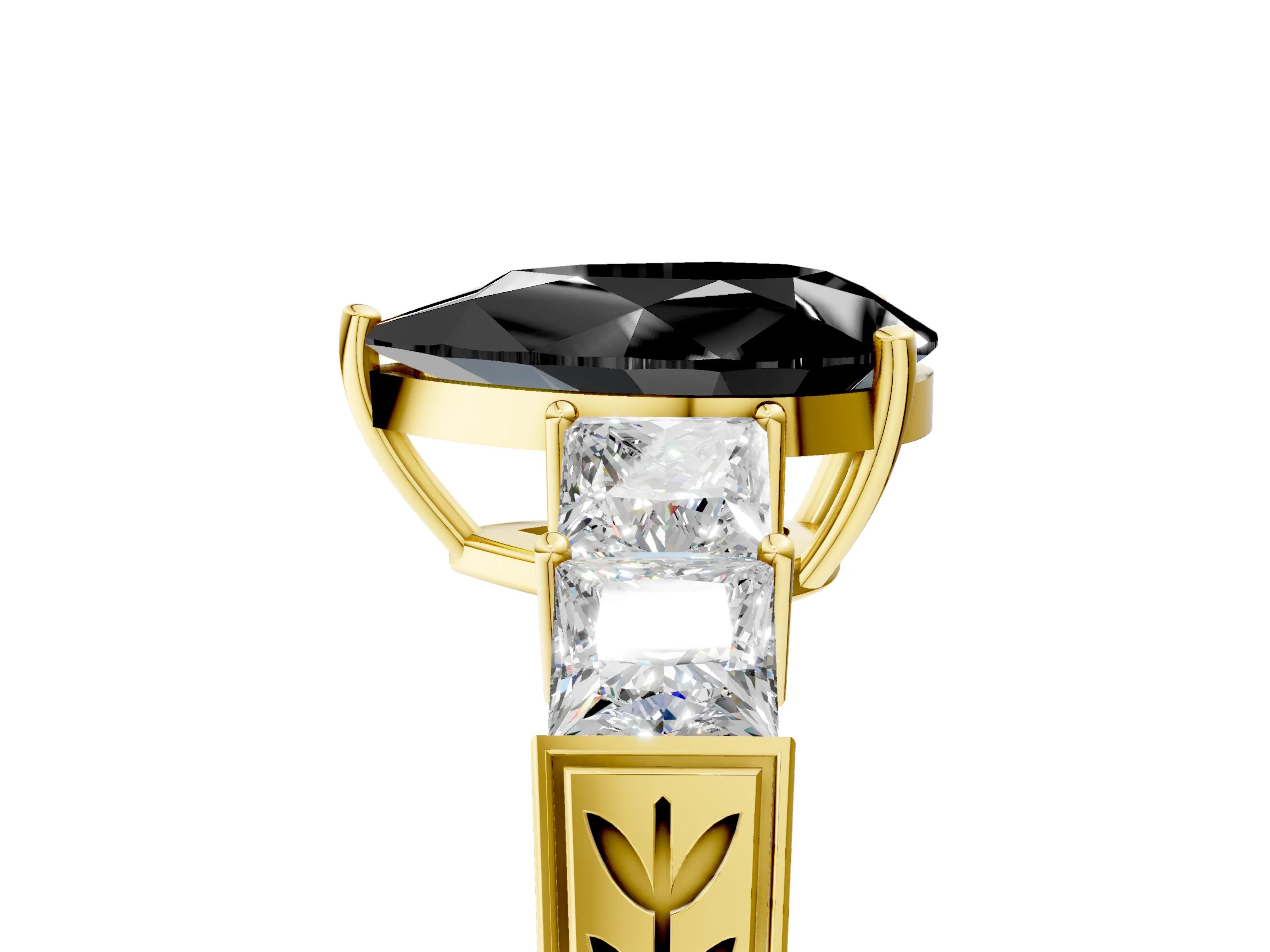 Yellow gold Fancy Black Pear Cut Solitaire Princess Side Stone Engraved Band Prong Setting Ring_5