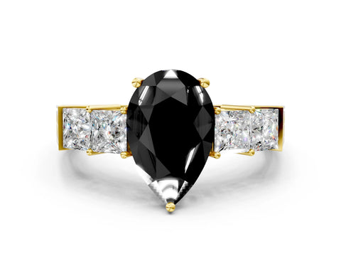 Yellow gold Fancy Black Pear Cut Solitaire Princess Side Stone Engraved Band Prong Setting Ring