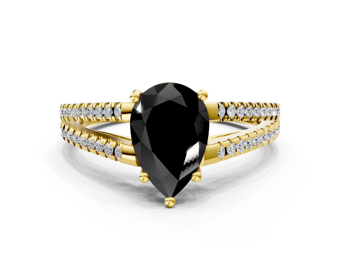 Yellow gold Fancy Black Pear Cut Solitaire Split Shank Pavé Diamond Engagement Ring