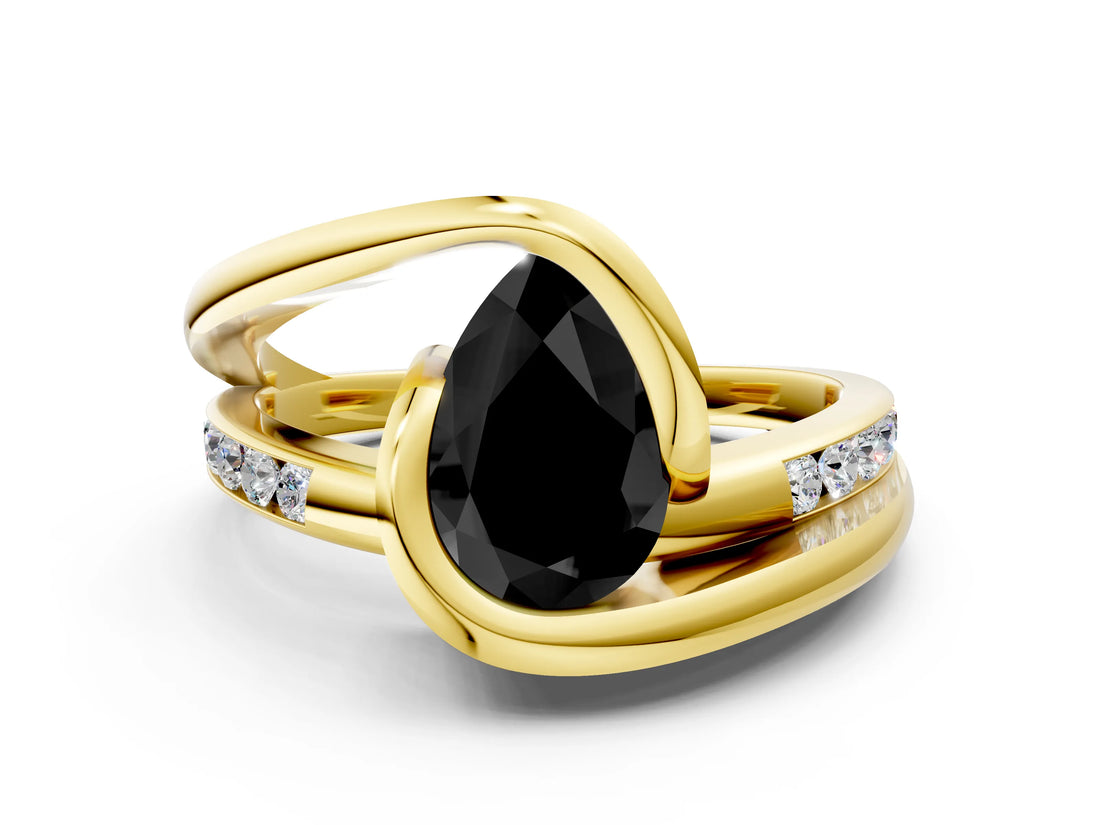 Yellow gold Fancy Black Pear Cut Solitaire Tension-Set Diamond Split Shank Ring