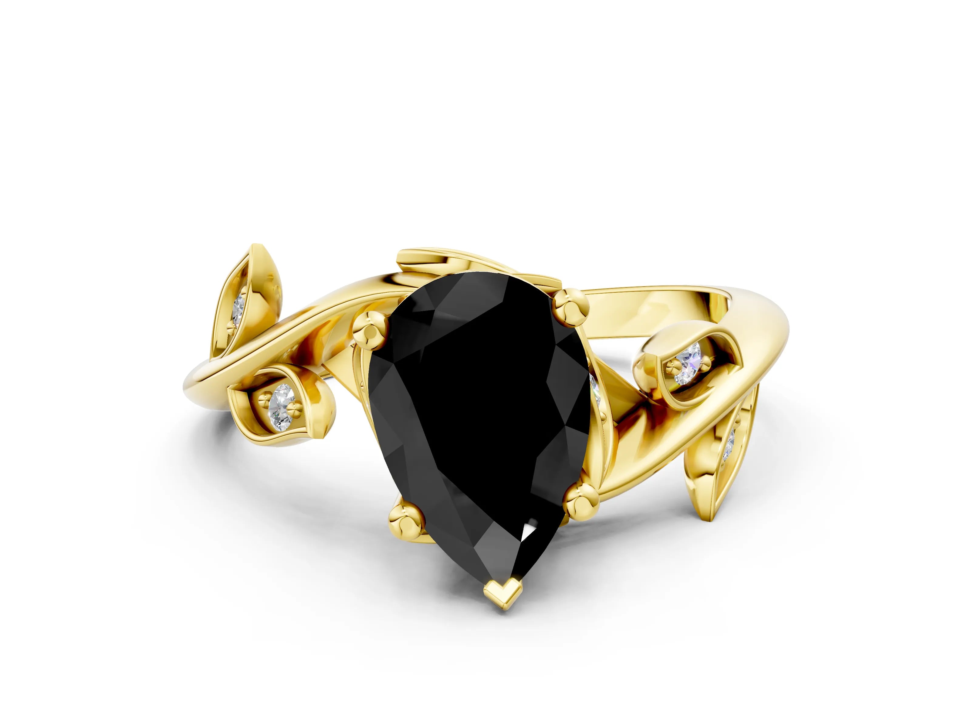 Yellow gold Fancy Black Pear Cut Solitaire Twist Engagement Ring with Leaf Accents and Prong Setting_12