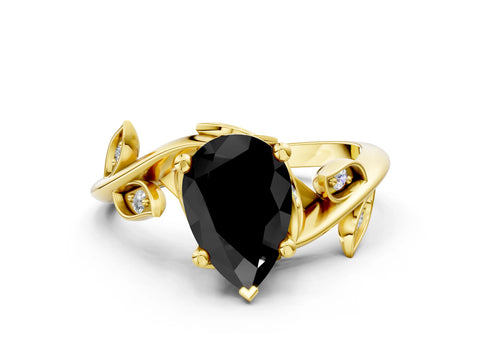 Yellow gold Fancy Black Pear Cut Solitaire Twist Engagement Ring with Leaf Accents and Prong Setting_12