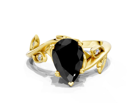 Yellow gold Fancy Black Pear Cut Solitaire Twist Engagement Ring with Leaf Accents and Prong Setting_12