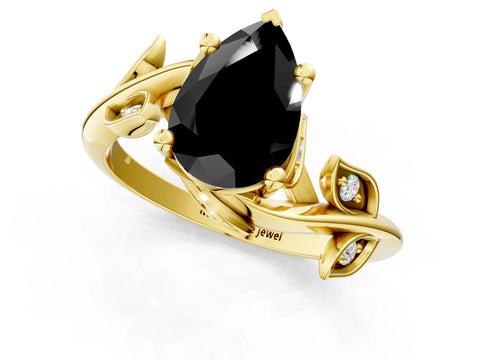 Yellow gold Fancy Black Pear Cut Solitaire Twist Engagement Ring with Leaf Accents and Prong Setting_13