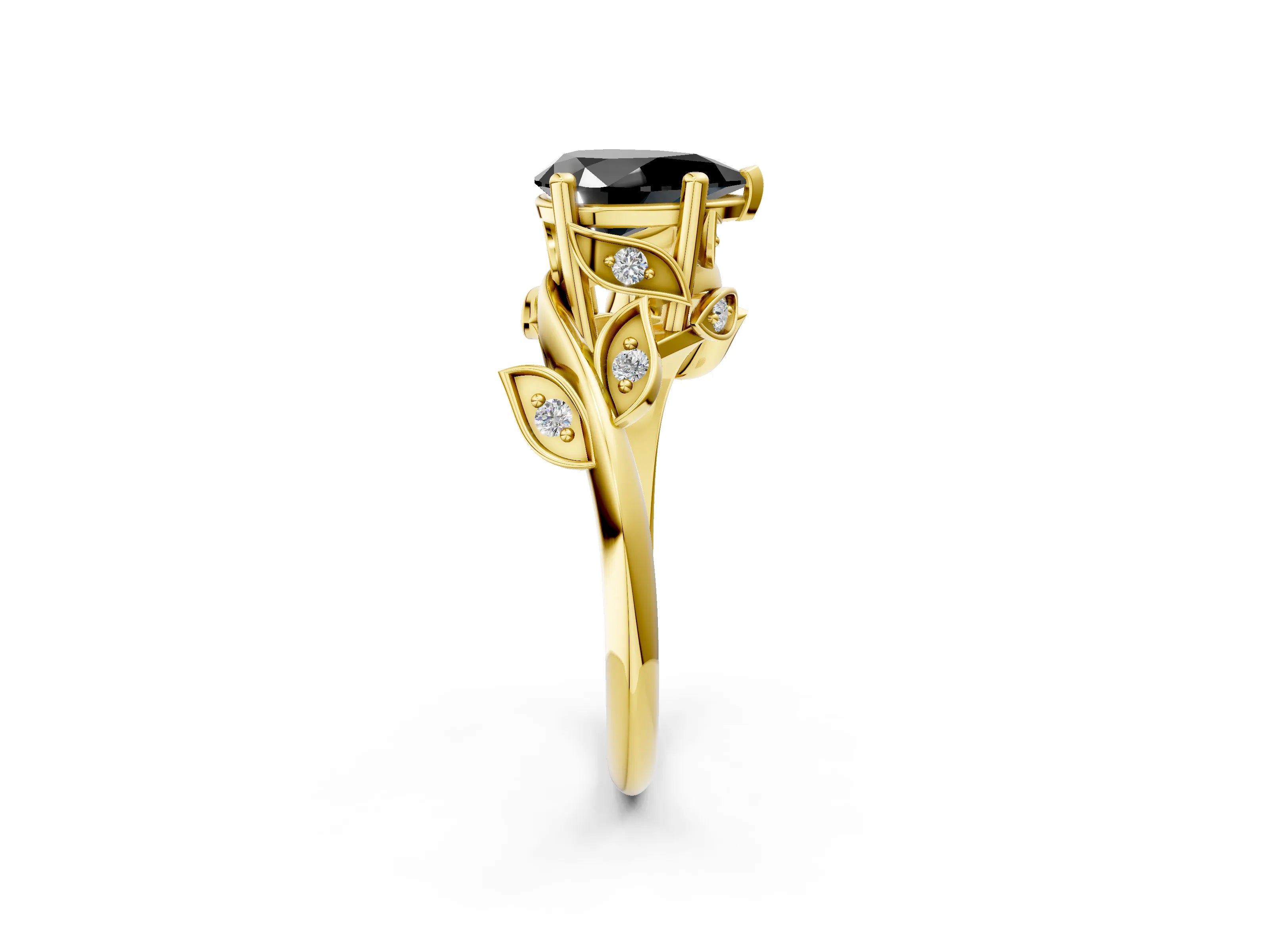 Yellow gold Fancy Black Pear Cut Solitaire Twist Engagement Ring with Leaf Accents and Prong Setting_14