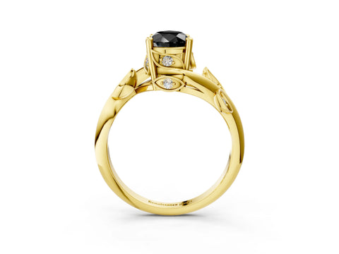 Yellow gold Fancy Black Pear Cut Solitaire Twist Engagement Ring with Leaf Accents and Prong Setting_15