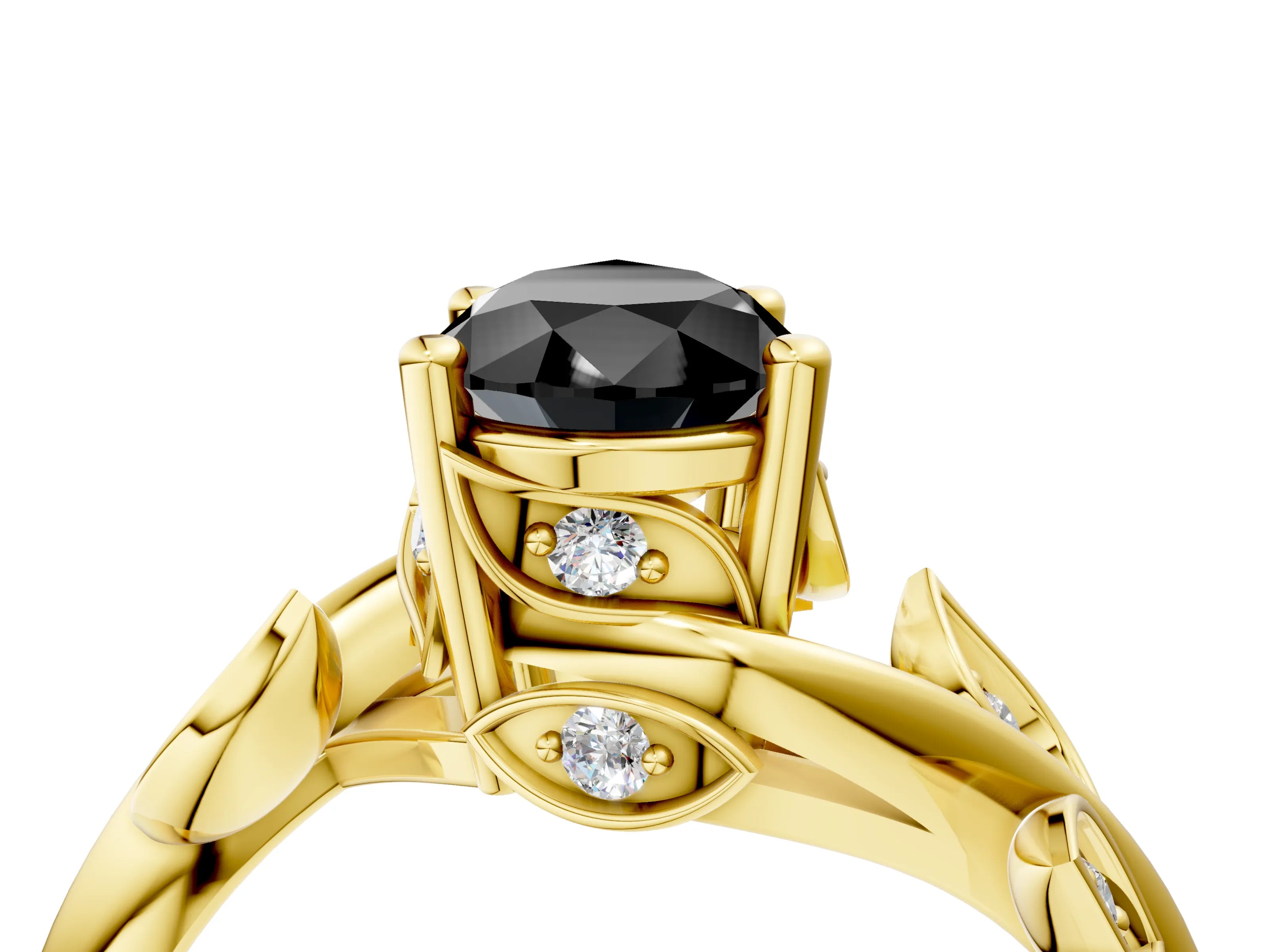 Yellow gold Fancy Black Pear Cut Solitaire Twist Engagement Ring with Leaf Accents and Prong Setting_16