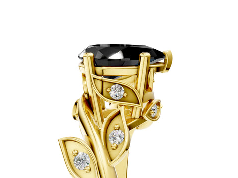 Yellow gold Fancy Black Pear Cut Solitaire Twist Engagement Ring with Leaf Accents and Prong Setting_17