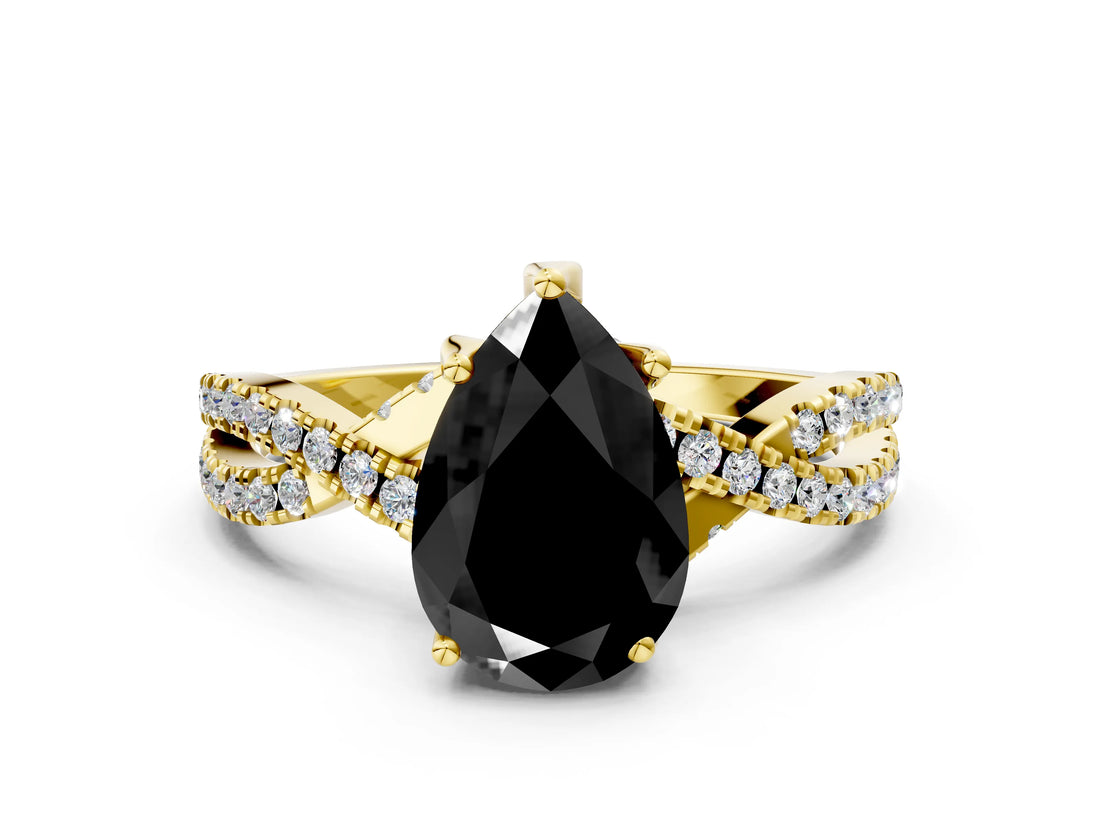 Yellow gold Fancy Black Pear Cut Solitaire Twist Pave Diamond Engagement Ring with Prong Setting