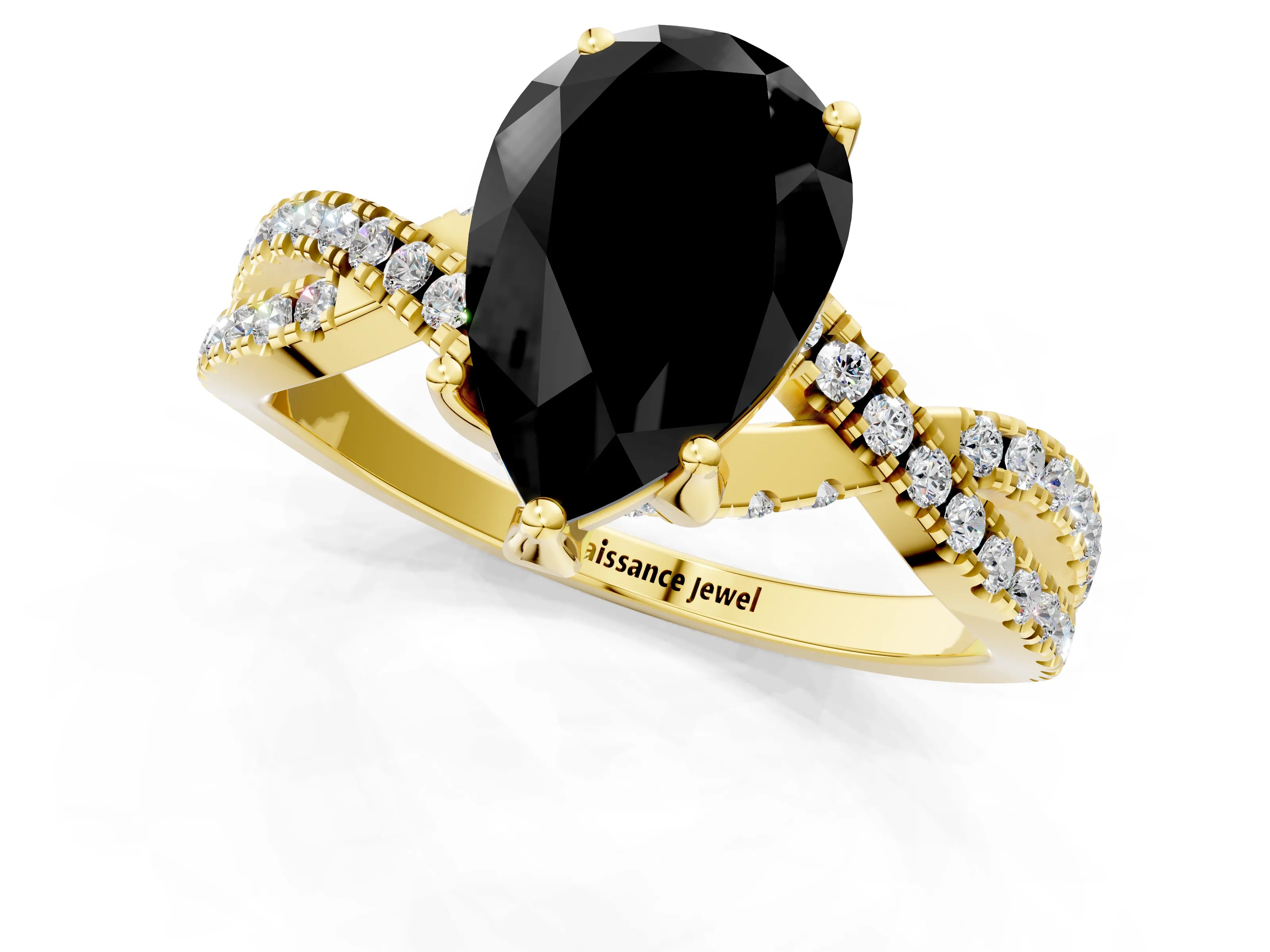 Yellow gold Fancy Black Pear Cut Solitaire Twist Pave Diamond Engagement Ring with Prong Setting_49