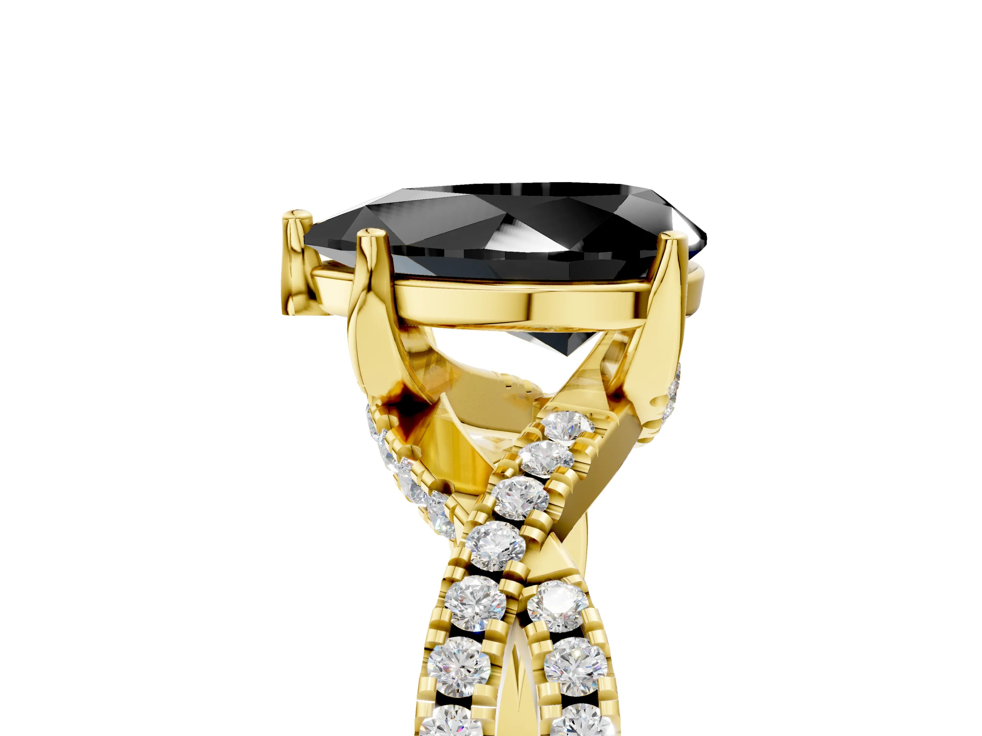 Yellow gold Fancy Black Pear Cut Solitaire Twist Pave Diamond Engagement Ring with Prong Setting_5