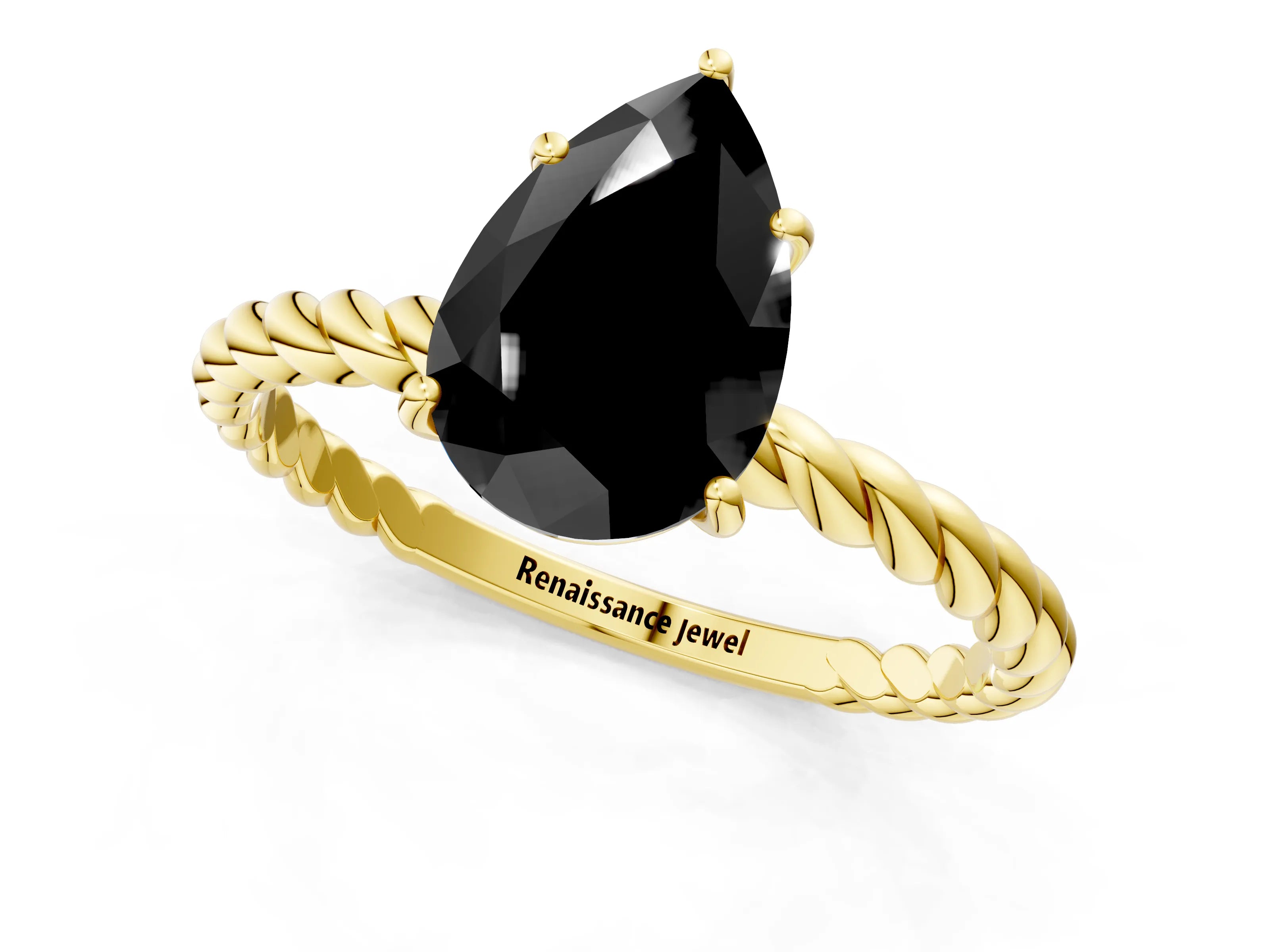Yellow gold Fancy Black Pear Cut Solitaire Twisted Band 4-Prong Ring_1