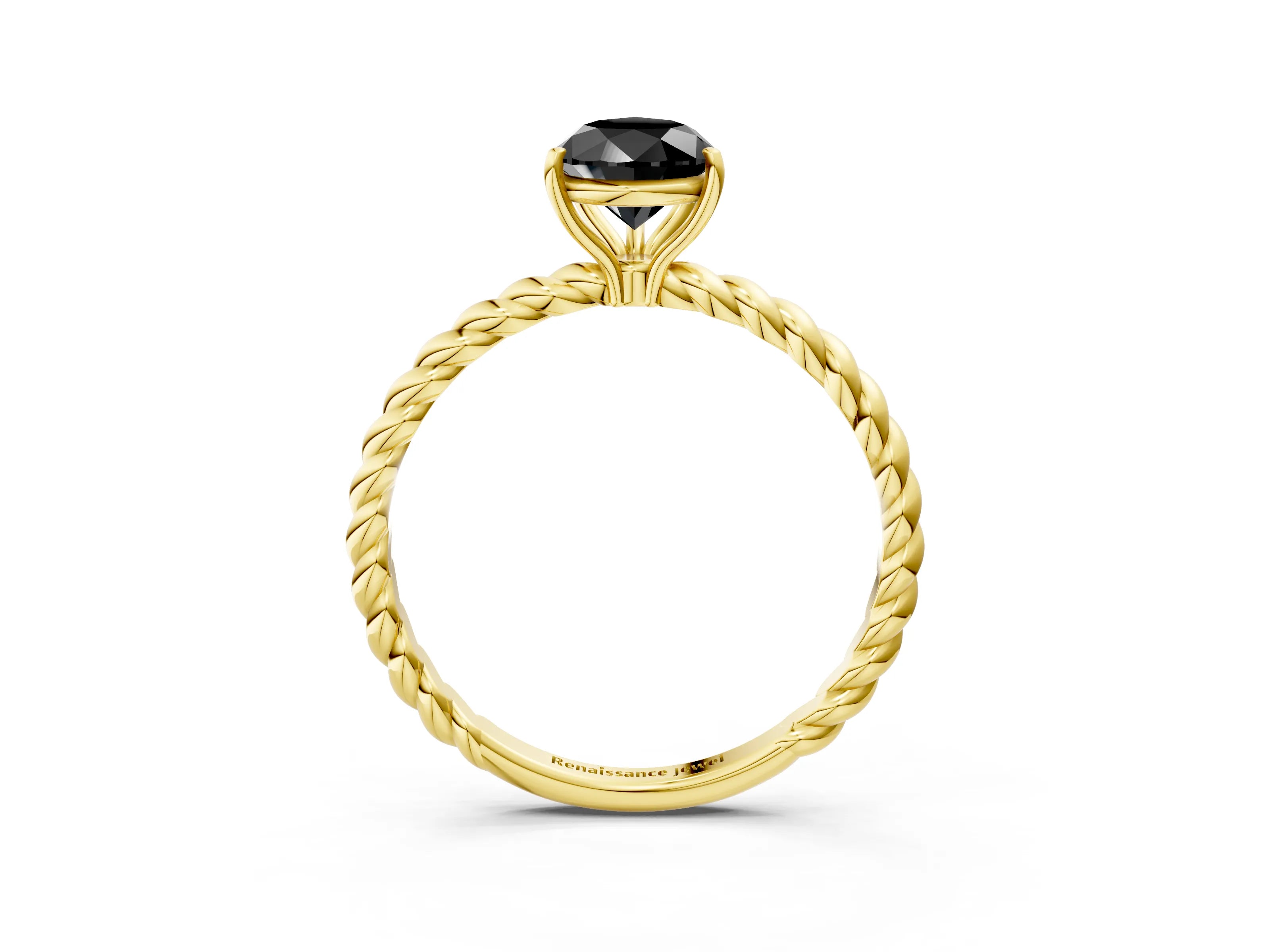 Yellow gold Fancy Black Pear Cut Solitaire Twisted Band 4-Prong Ring_3