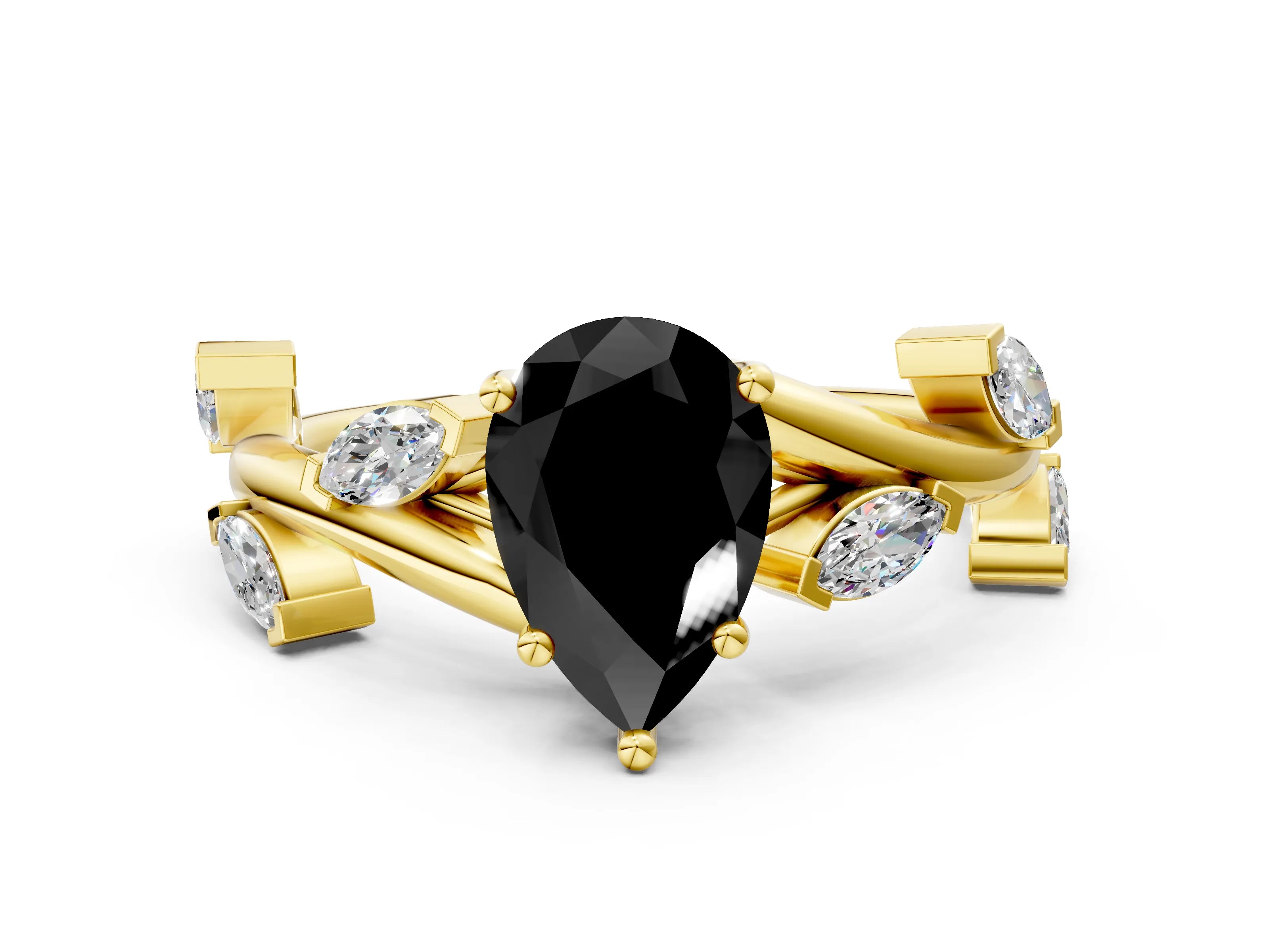 Yellow gold Fancy Black Pear Cut Solitaire Twisted Band Marquise Accent Prong Setting Ring