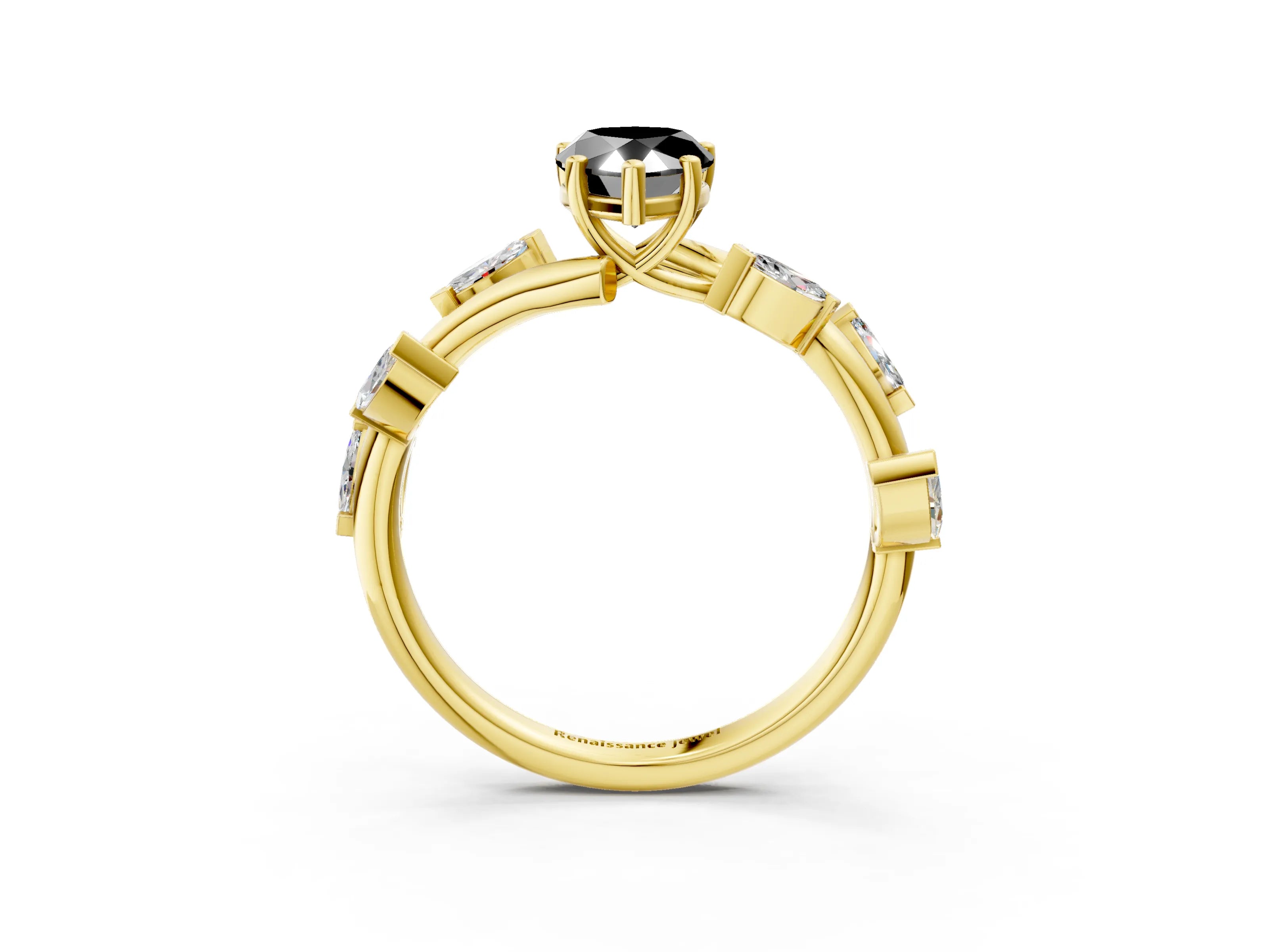 Yellow gold Fancy Black Pear Cut Solitaire Twisted Band Marquise Accent Prong Setting Ring_3