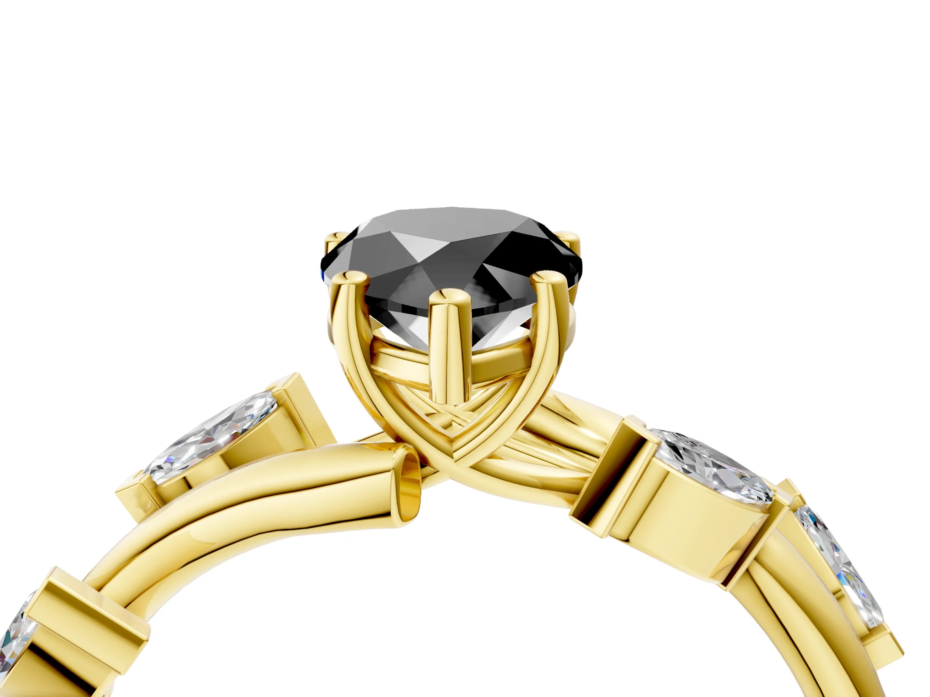 Yellow gold Fancy Black Pear Cut Solitaire Twisted Band Marquise Accent Prong Setting Ring_4