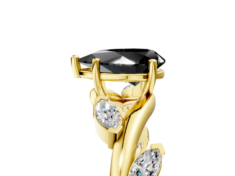 Yellow gold Fancy Black Pear Cut Solitaire Twisted Band Marquise Accent Prong Setting Ring_5
