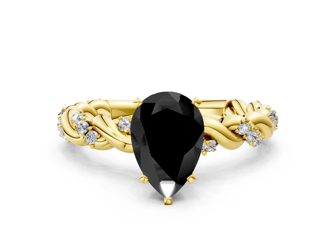 Yellow gold Fancy Black Pear Cut Solitaire Twisted Band with Pavé Accents and Four-Prong Setting