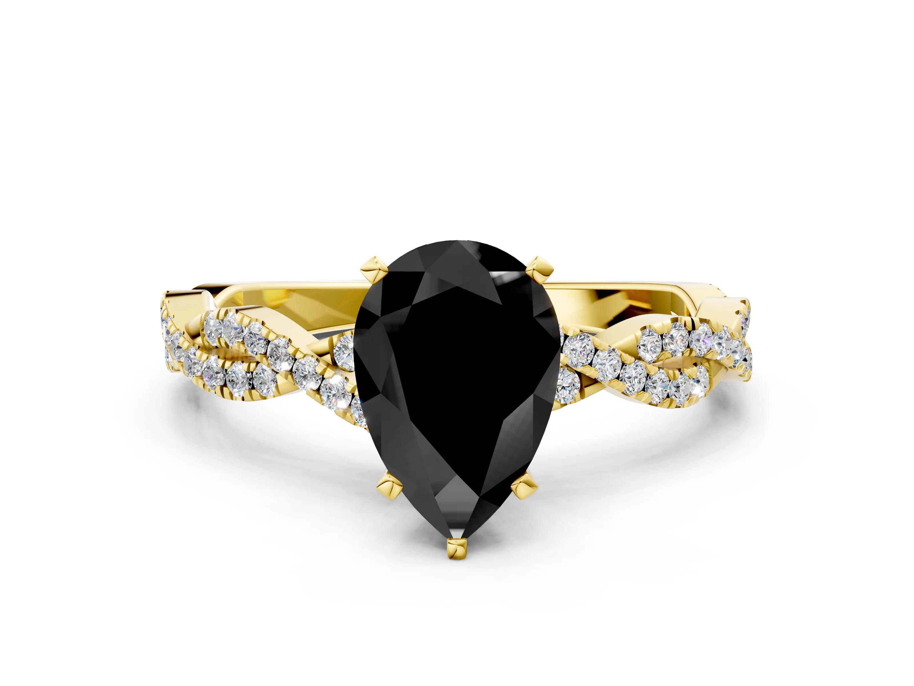 Yellow gold Fancy Black Pear Cut Solitaire Twisted Pave Band with Four-Prong Setting_3