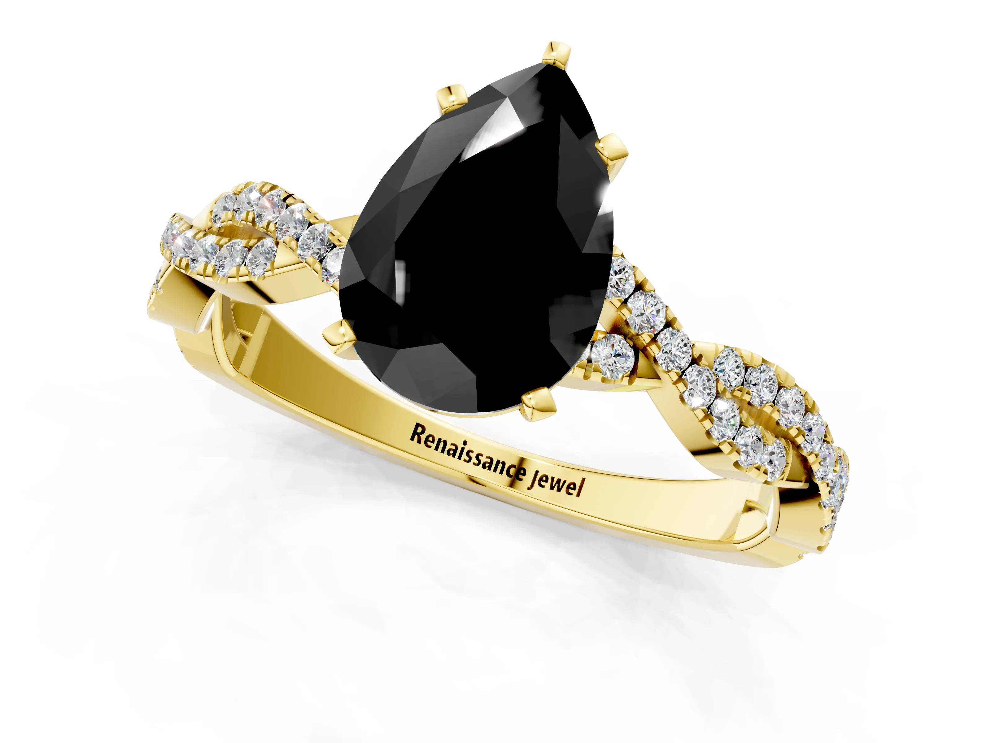 Yellow gold Fancy Black Pear Cut Solitaire Twisted Pave Band with Four-Prong Setting_4